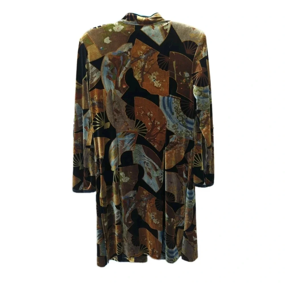 Vtg Clio L Velvet Burnout Kimono Jacket Japanese Fan Boho Hi Slit Frog Closure